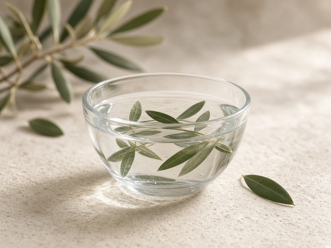 Glasschale mit Wasser und Olivenblättern