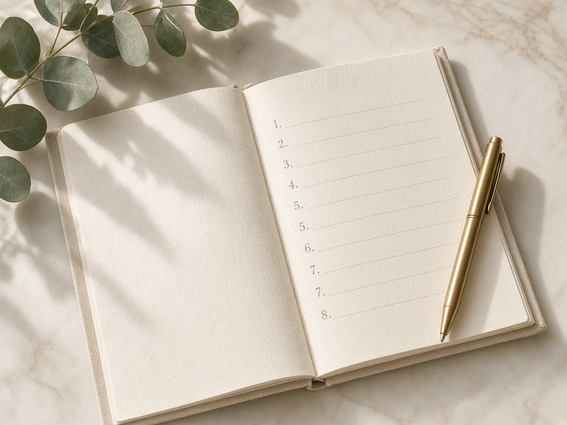 Notizbuch mit nummerierten Zeilen, Füller und Eukalyptus