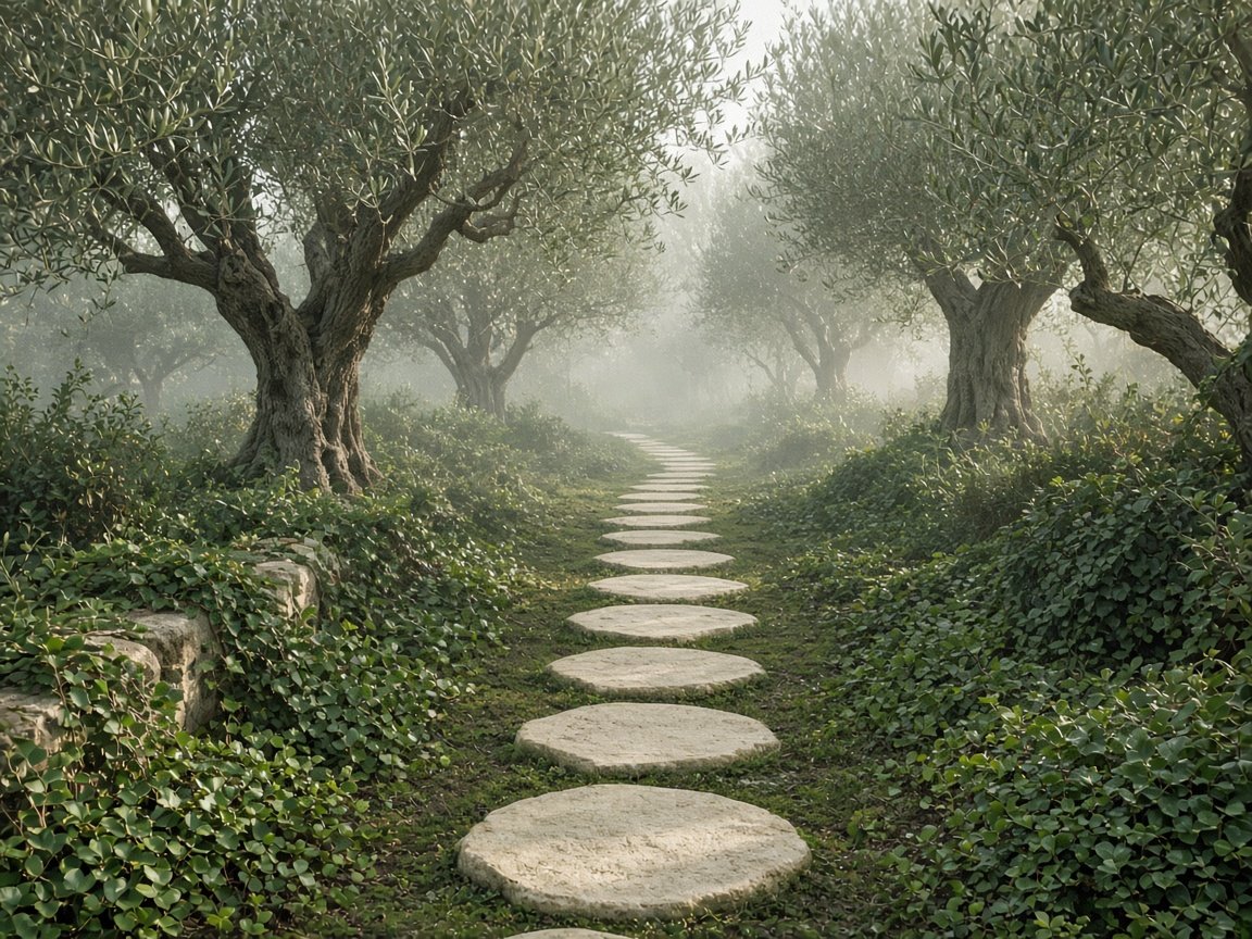 Gartenweg mit Trittsteinen zwischen Olivenbäumen